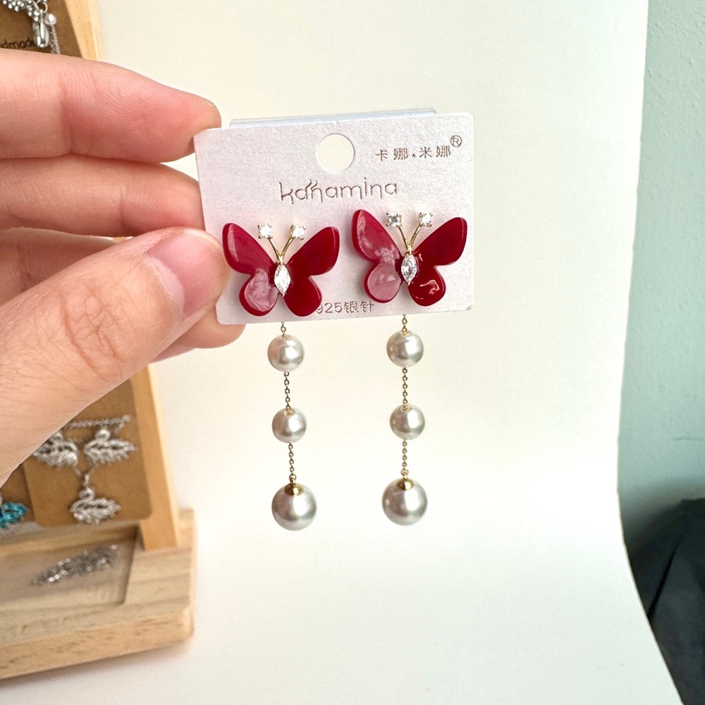 Red Butterfly Ear Jacket Earrings Pearl Dangle (Mix & Match 2 for $15)